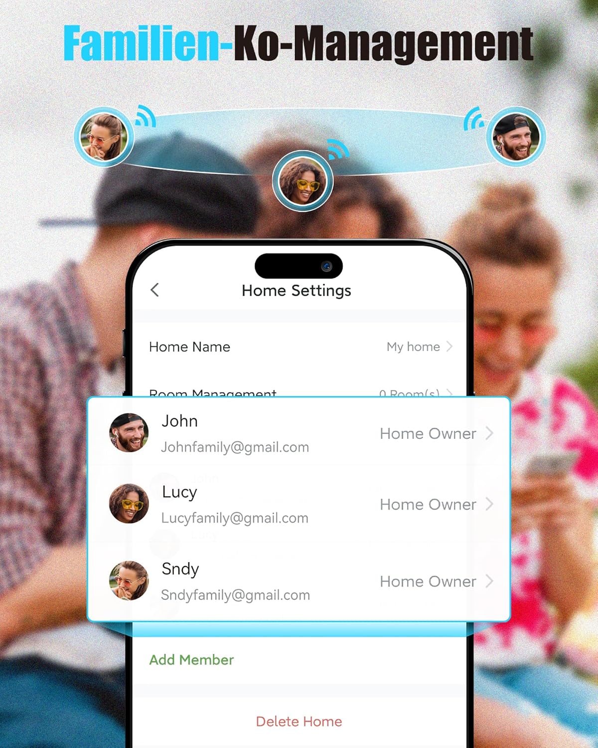 Smartphone app screen showing family sharing settings for device management.