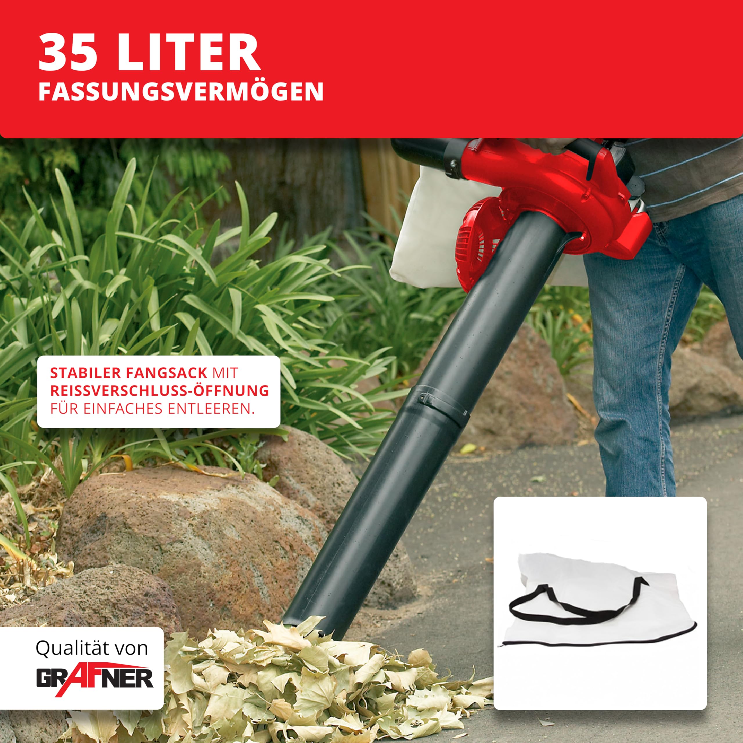 Grafner Benzin Laubsauger 3in1, 2-Takt, Laubbläser Laubsauger & Häcksler, incl. 35 Liter Fangsack, 2 Rohre, Schultergurt & Anti-Vibrationsgriff, Blasgeschwindigkeit: 71 m/s, 90% Laubreduktion