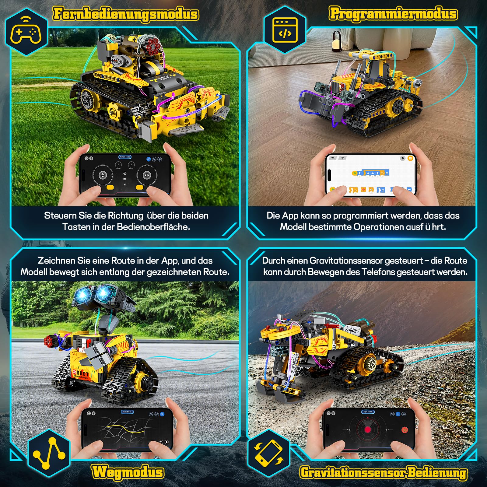 YOOHBERRYS Technik Roboter Kinder, 5-in-1 Ferngesteuerte Robot Programmierbarer mit App & Fernsteuerung, Technic Bauspielzeug Kreatives Geschenk für Jungen 6-12 Jahre (Gelb)