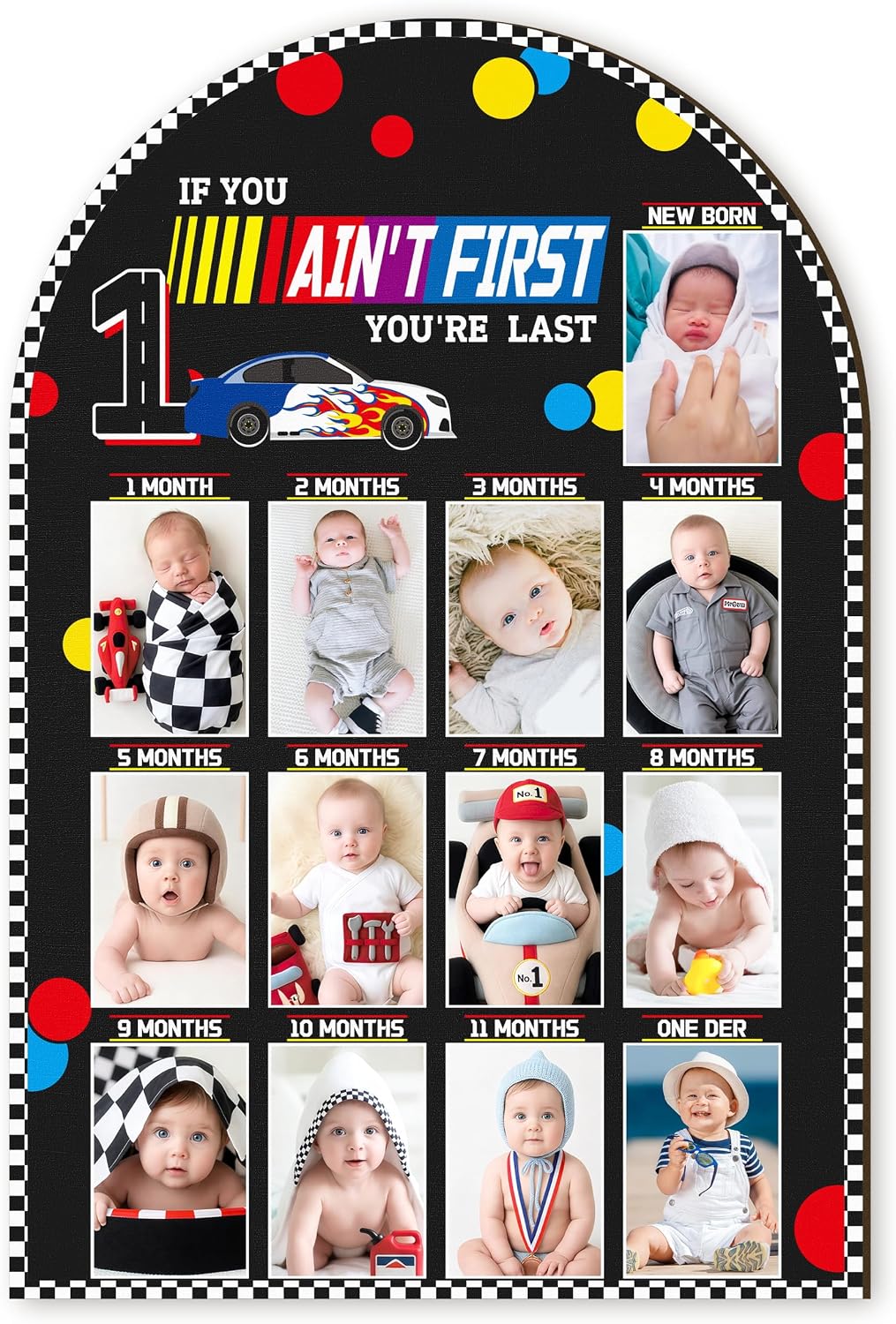 Racing 1st My First Year Photo Frame Board for Baby Boys | Thick Wood Board with Hooks, Fits 2x3 Inch Photos, Display Newborn to 1 Year Milestones, Perfect for Baby Shower Nursery Wall