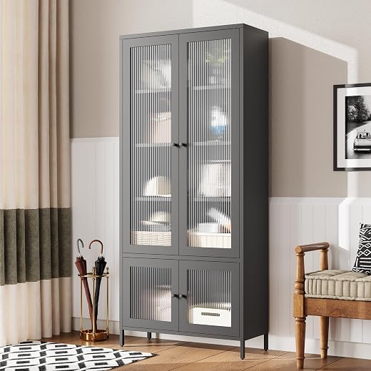 Large Metal Storage Cabinet Display Cabinet with 4 Glass Doors 5 Shelves Side Cabinet Bookcase Freestanding Cabinet for Bedroom Living Room Pantry Home Office, Fluted Tempered Glass, Black