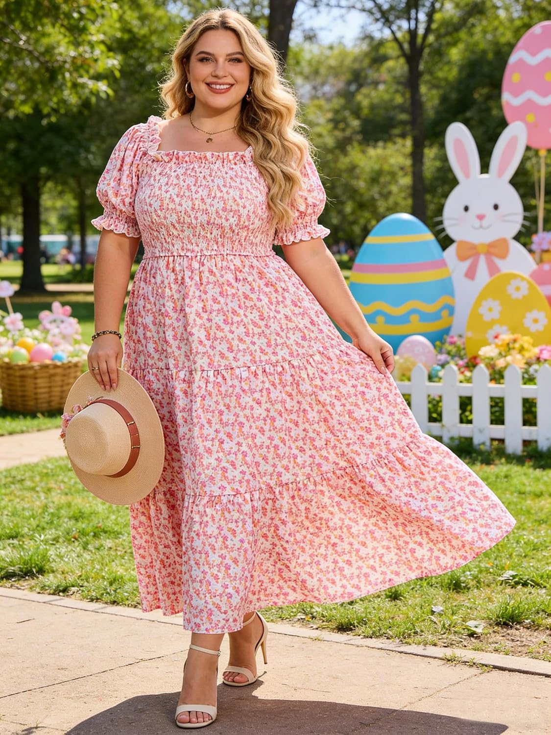 Women's Plus Size Casual Maxi Dress Square Neck Smocked Dress Short Puff Sleeve Floral Solid Summer Dress - Image 4
