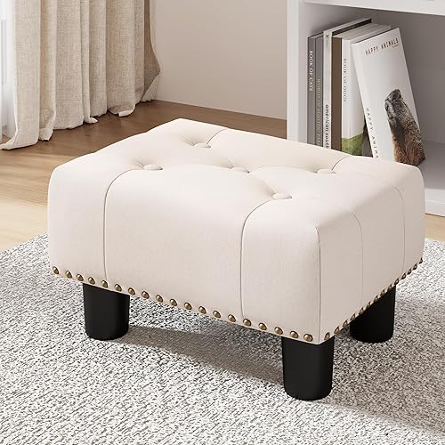 LUE BONA Taburete pequeño otomano, reposapiés copetudo de terciopelo con patas de plástico, 9 pulgadas de alto, taburetes rectangulares para adultos
