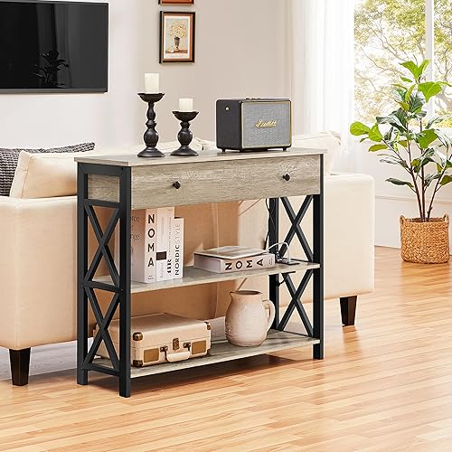 Miniatura 9 de Yaheetech Mesa consola con tomas de corriente y puertos USB, mesa de entrada de madera con cajón y estantes abiertos, mesas de sofá estrechas con