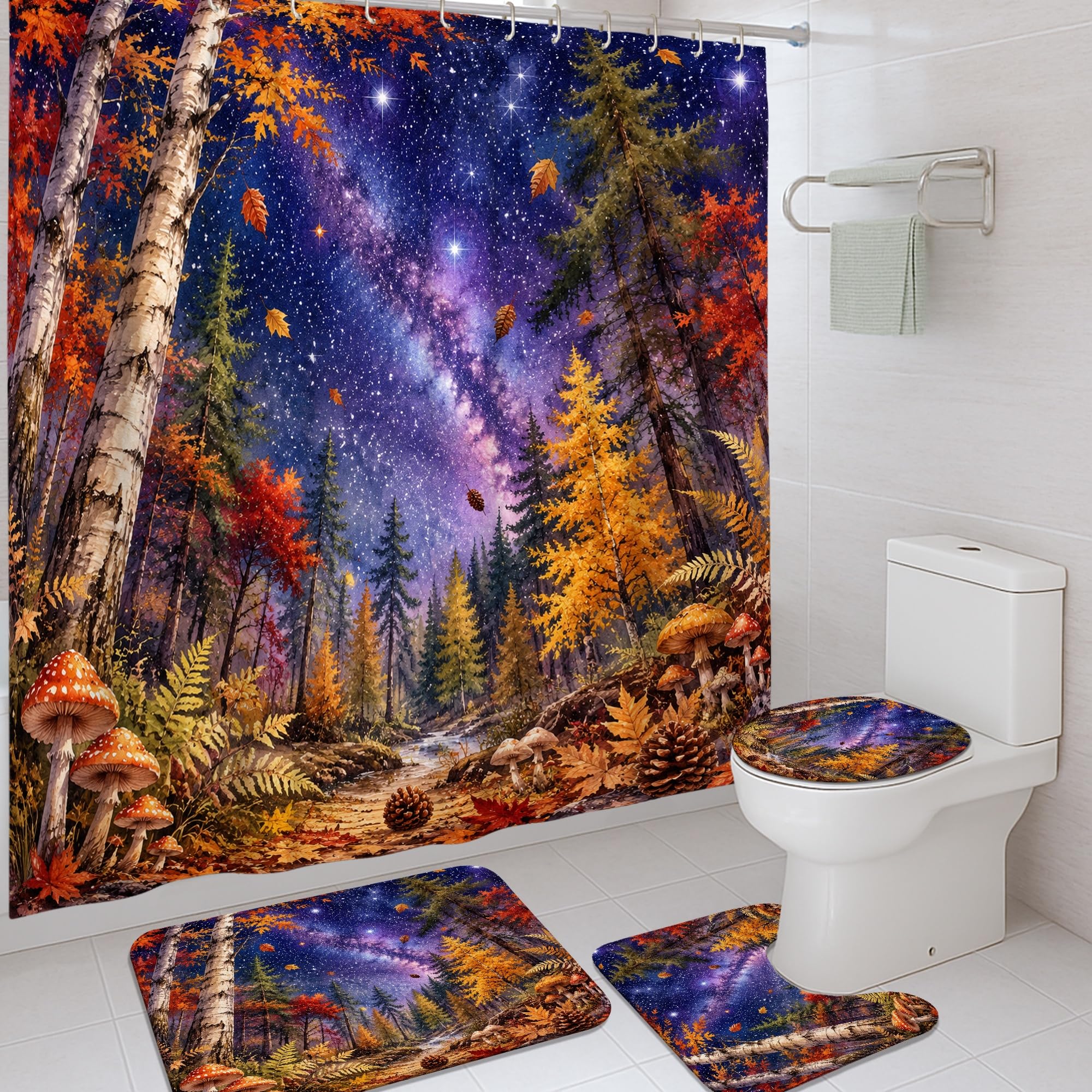 Rideau de douche forêt automnale 183x183 cm lavable avec crochets pour baignoire