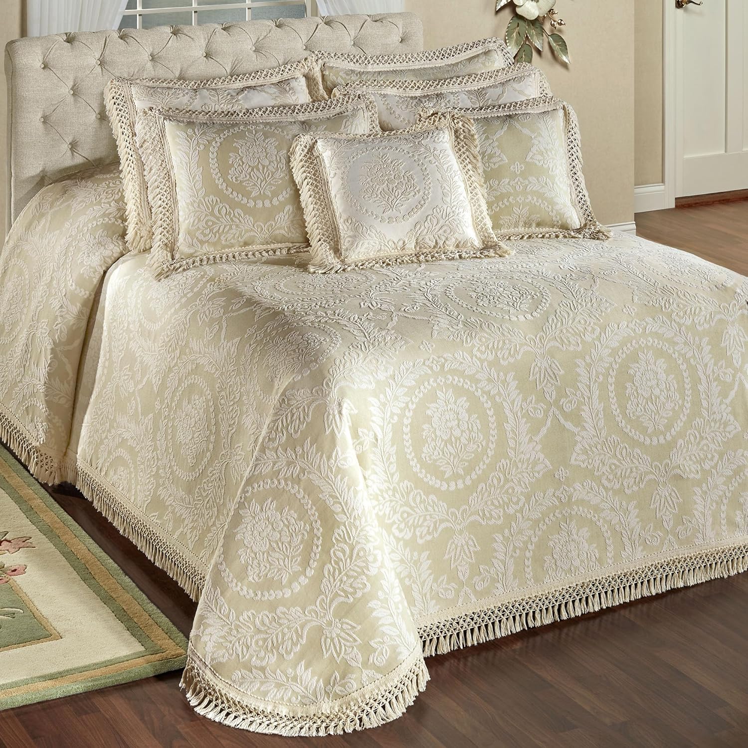 Timeless Vintage Style Bedding with Fringe Edges | Neutral Sage and Ecru | Textured Matelasse Rose Medallions and Leaves | 5-Pc Lightweight Bed Set: Oversized Queen Bedspread & 4 Standard Pillow Shams