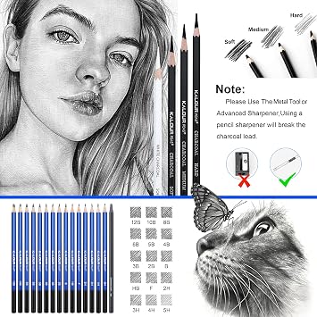 KALOUR PDAS 58 Pack Drawing Set Sketch Kit, Sketching Supplies with 3-Color Sketchbook, A5 SketchBook, Tutorial, Graphite & Charcoal Pencils, Pro Art Drawing Kit for Artists Adults