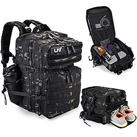 LHI Military Tactical Backpack for Men and Women 45L Army 3 Days Assault Pack Bag Large Rucksack with Shoe Compartment - Black CP