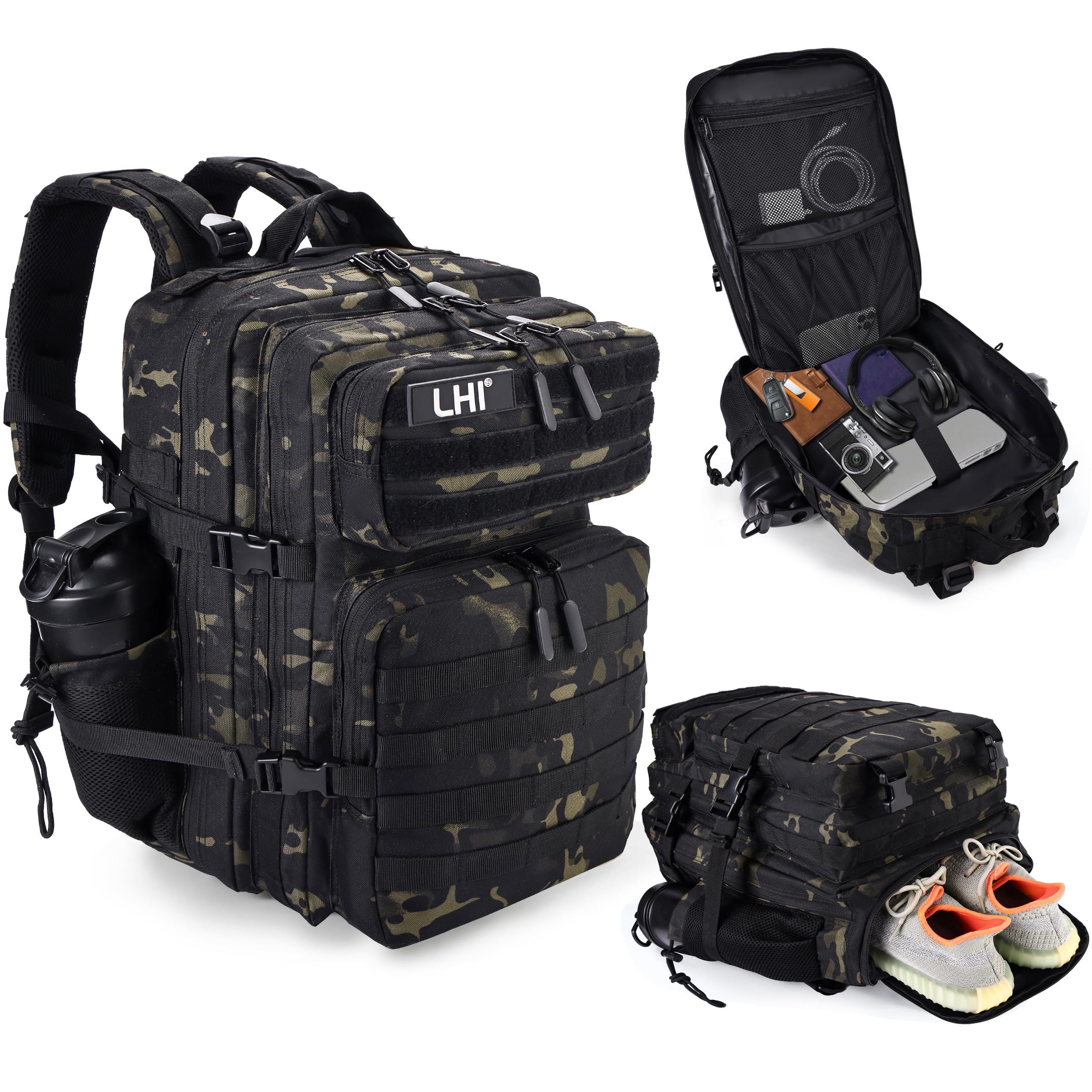 LHI Military Tactical Backpack for Men and Women 45L Army 3 Days Assault Pack Bag Large Rucksack with Shoe Compartment