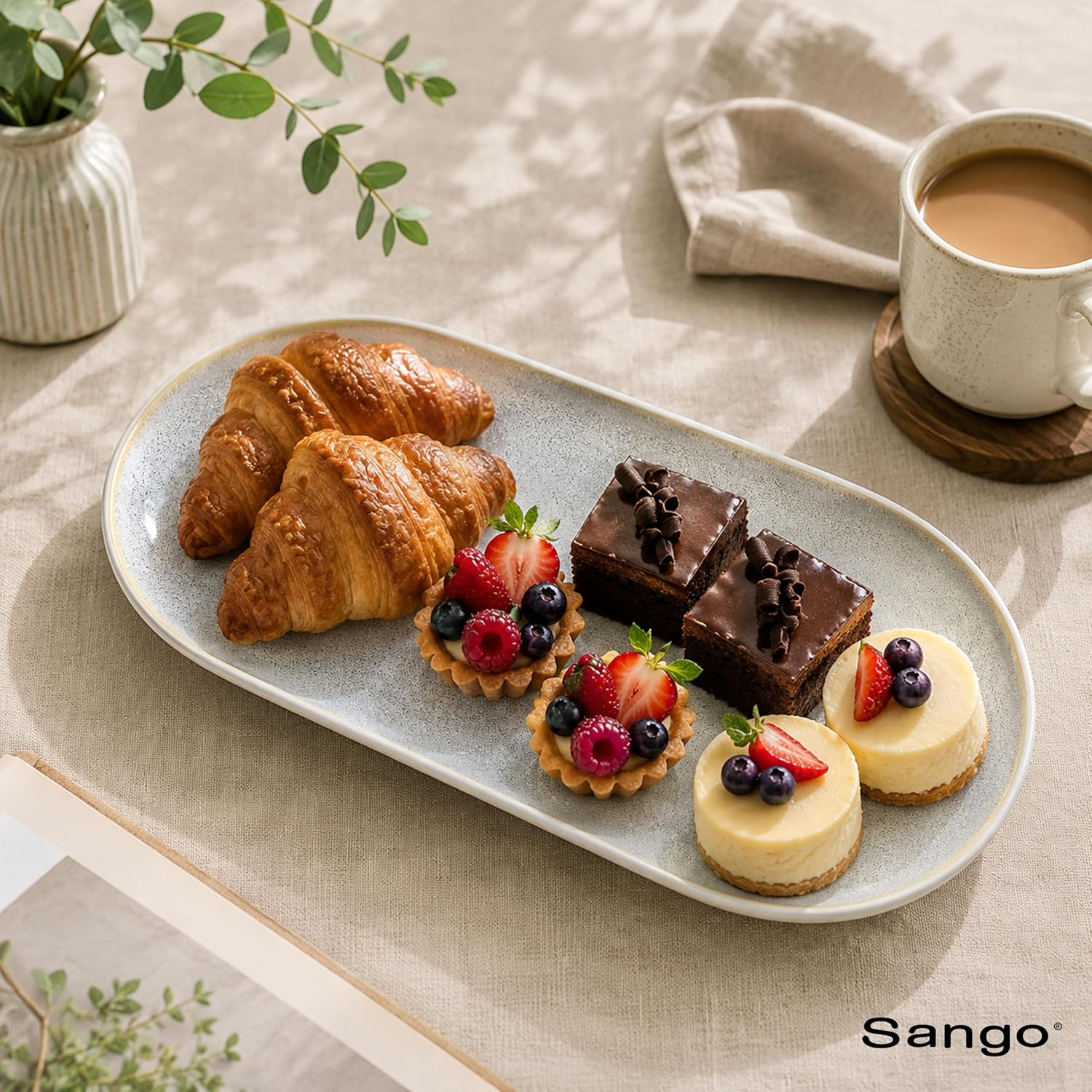 SANGO Anderson Serving Platters Set of 2, 14/12 Inch Stoneware Serving Dishes for Entertaining, Glossy Party Serving Trays for Food, Buffet Oval Platters for Bread, Appetizer, Cheese, Reactive Cream