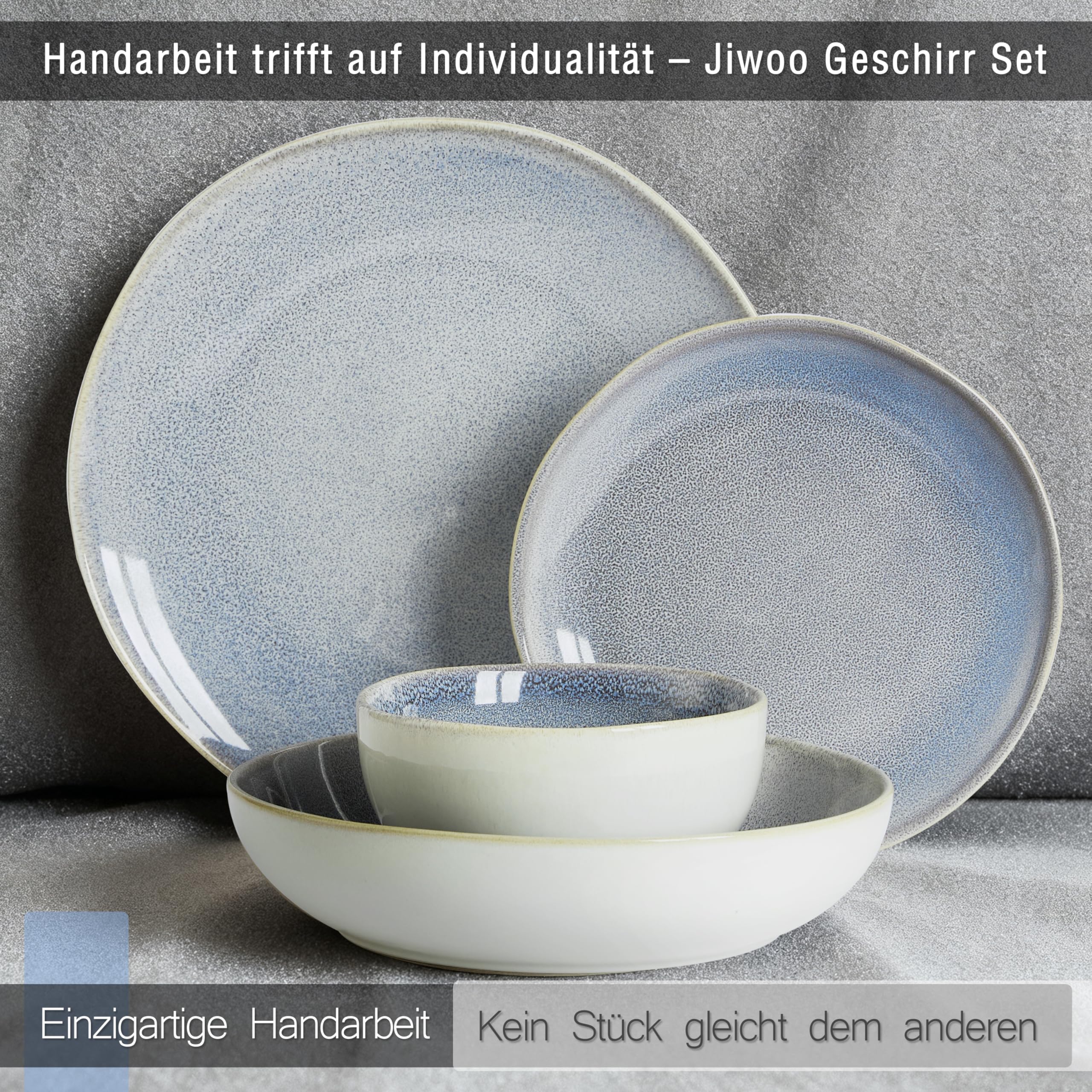 Jiwoo Geschirrset 16 tlg Tafelservice für 4 Personen aus Bone China | Mit Tellern, Suppentellern & Schüsseln – handgefertigte Reaktivglasur, Bone China, spülmaschinen- & mikrowellengeeignet