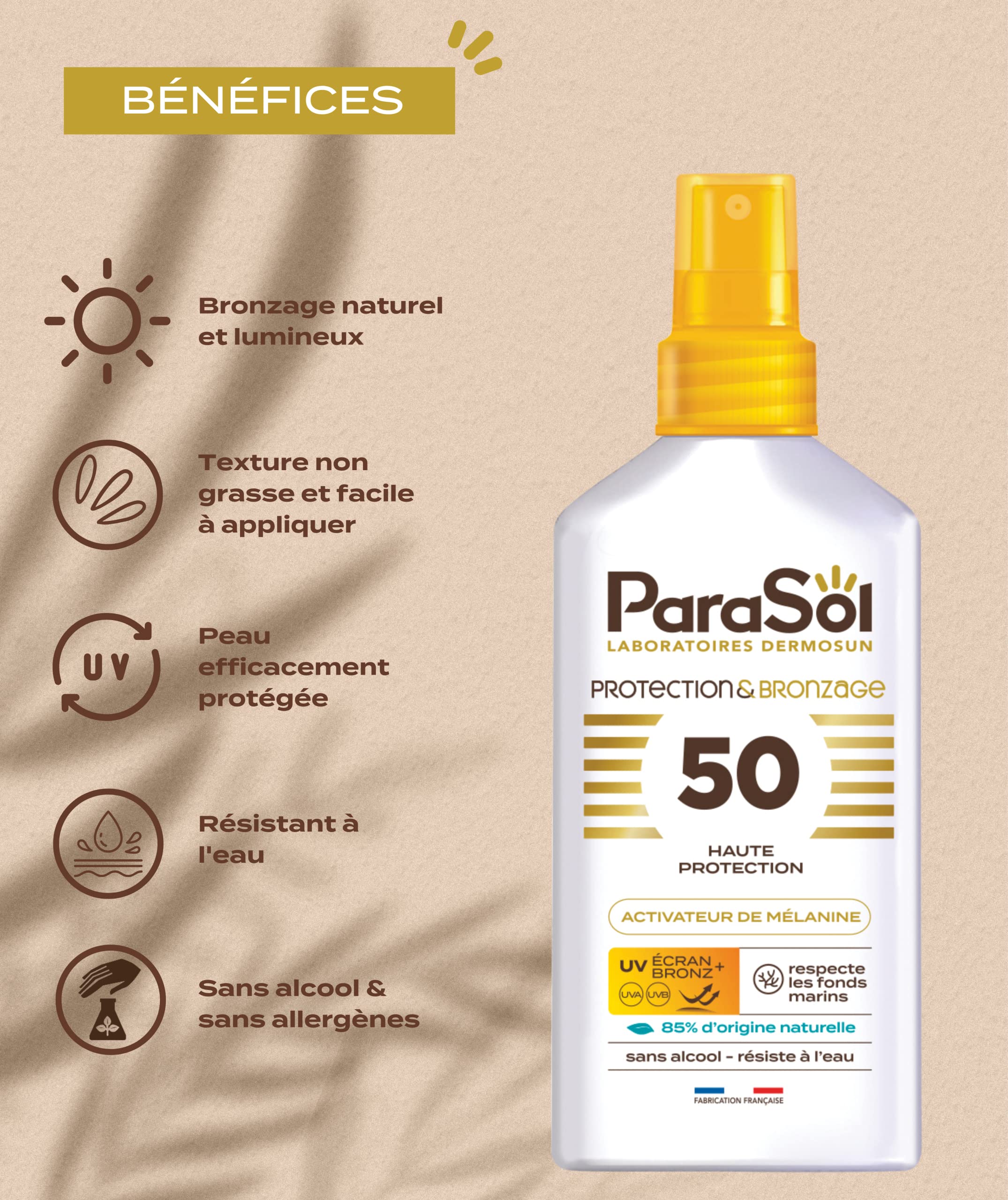 ParaSol Protection & Bronzage FPS 50 - Protector solar facial y cuerpo de alta protección - Activador de melanina - Protección UVA/UVB - Resistente al agua - Fabricado en Francia