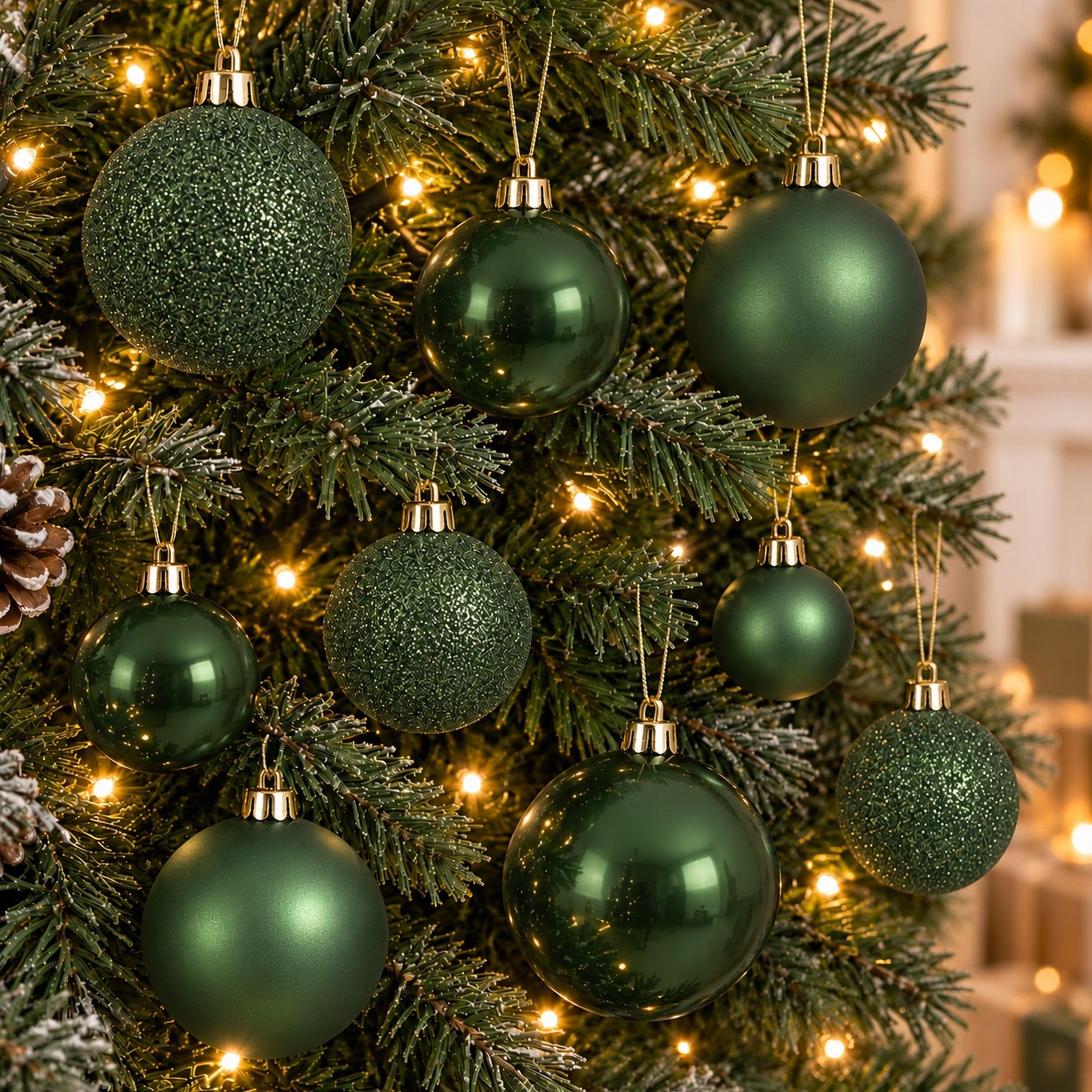 30 pine green baubles - round bauble decorations - christmas tree hanging ornament - 4cm 40mm 5cm 50mm 6cm 60mm baubles - matt, glitter & gloss finish - tree wreath garland decorations