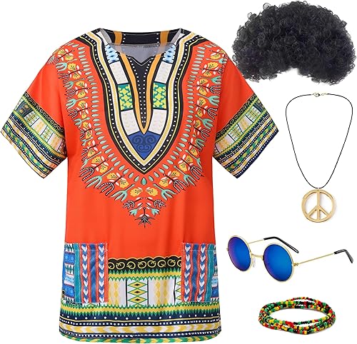 Gionforsy Disfraz hippie para hombres y mujeres, accesorios de disfraz de los años 60 y 70, camiseta, peluca, collar para disfraz de Halloween
