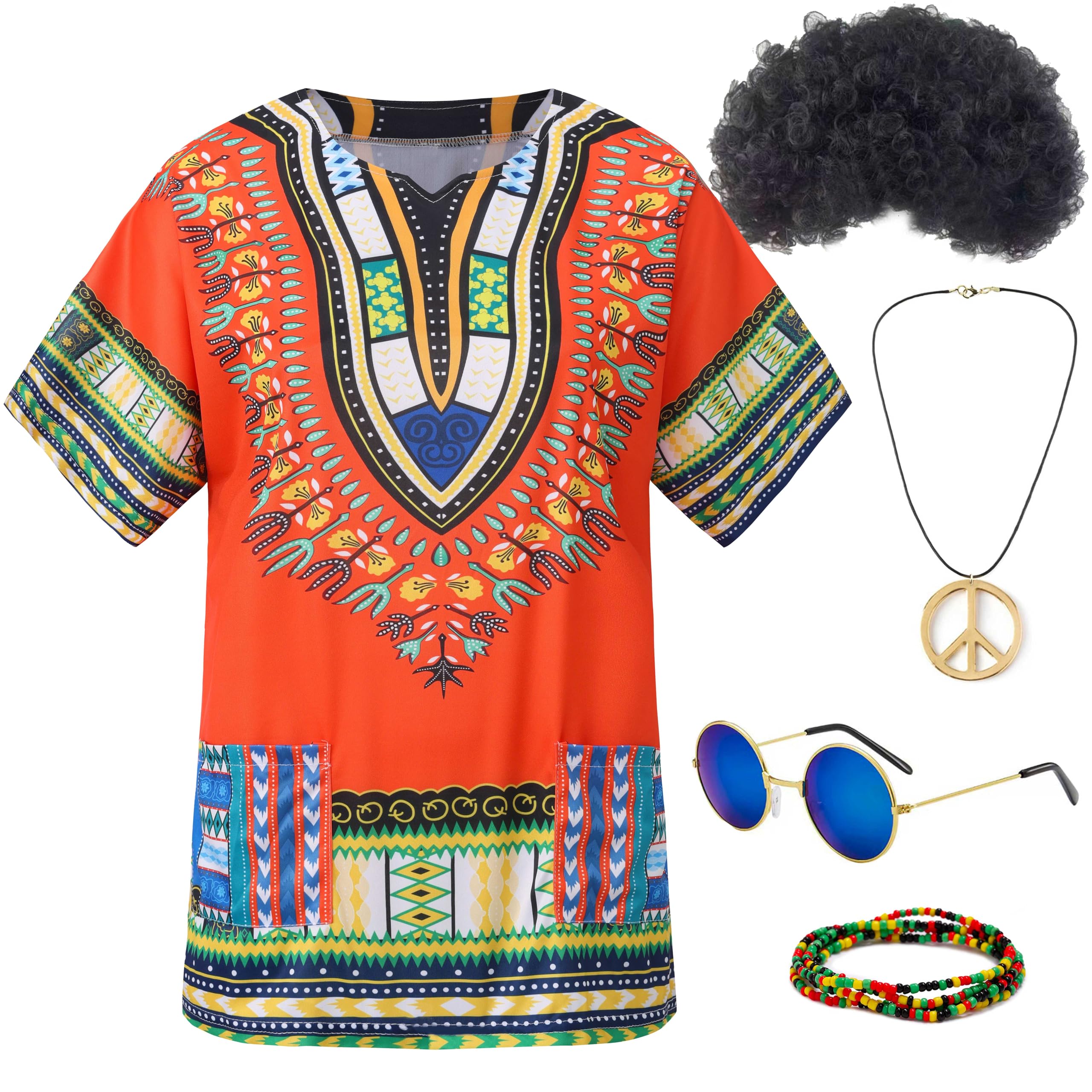 Gionforsy Hippie Costume Outfit for Men Women 60s 70s Costume Accessories Afro T-shirt Wig Set for Cosplay Halloween
