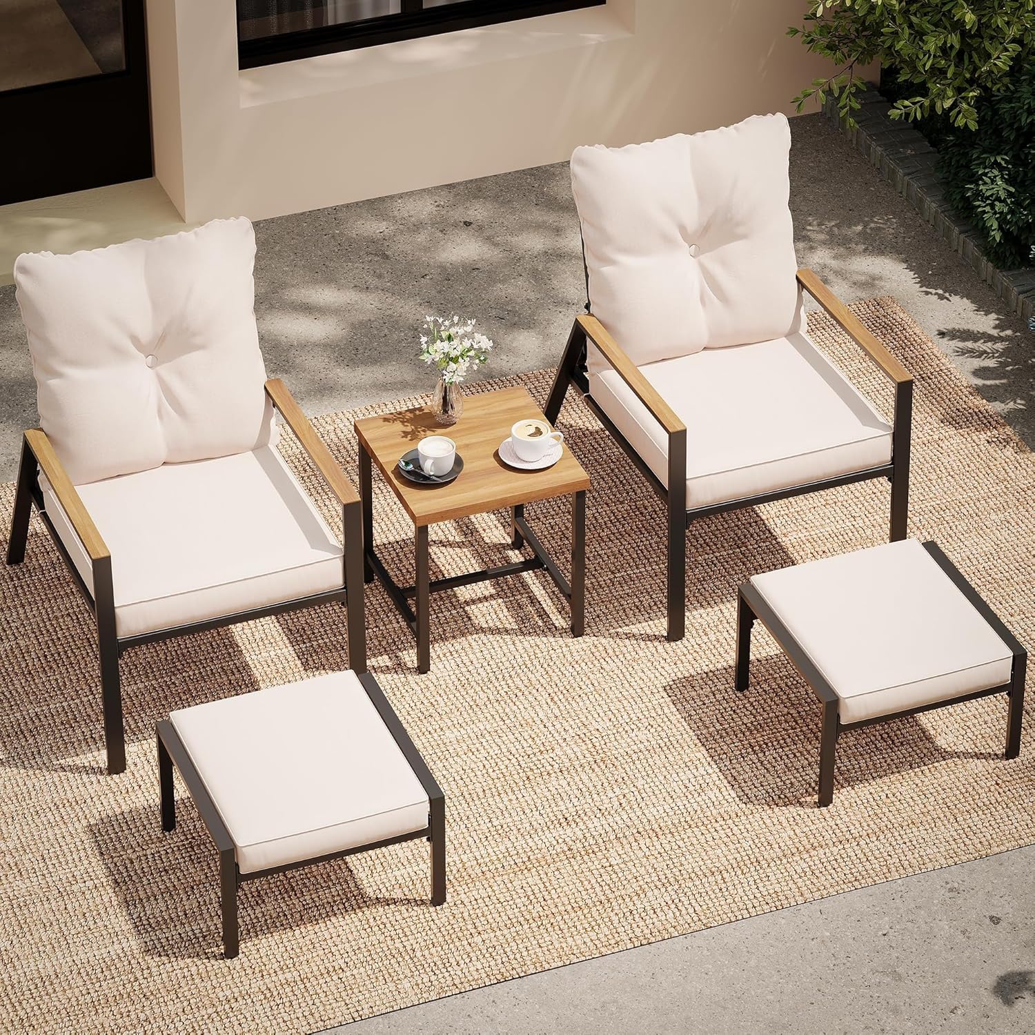 5 Pieces Outdoor Patio Conversation Set with Adjustable Reclining Chairs All Weather Patio Furniture Sets with Coffee Table and Ottomans for Garden Porch Balcony