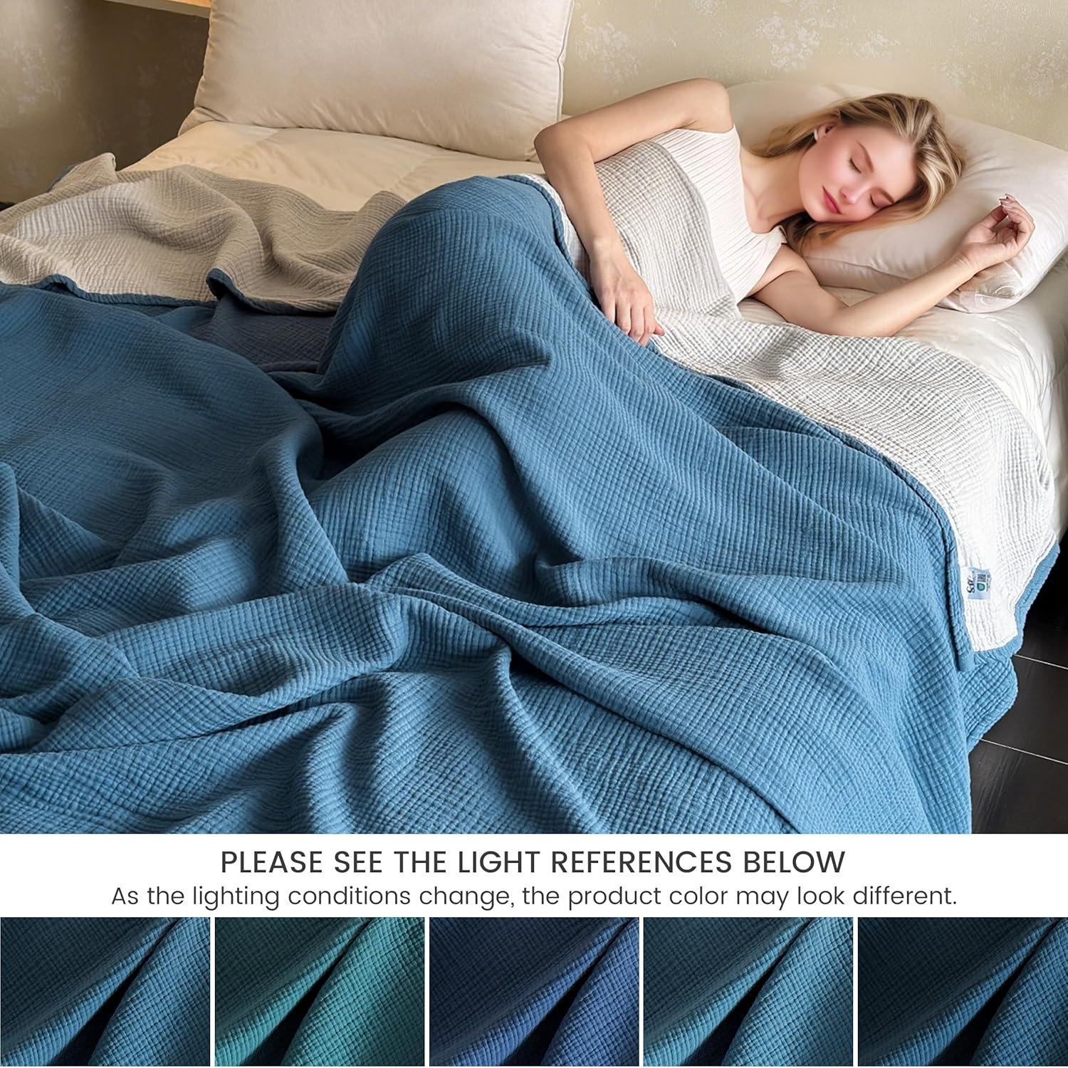 FALUCA Cotton Muslin Reversible Blanket King Size for Bed, Couch, Four Layers Blanket, Soft Lightweight Cozy Breathable Farmhouse Decoration for All-Season, Light Blue