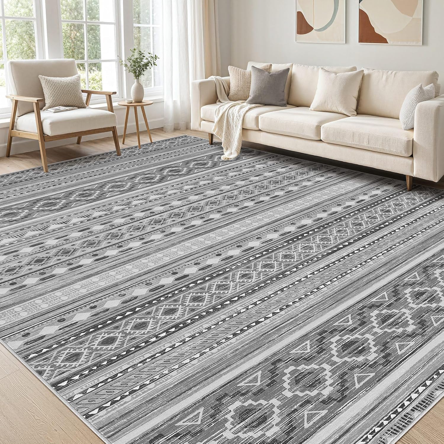 Tapis salle à manger design géométrique blanc et gris 155x245 cm de qualité supérieure