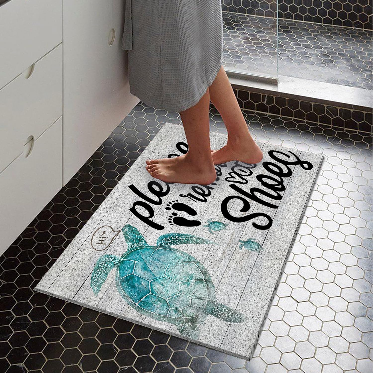 Please Remove Your Shoes Welcome Mat, Sea Turtle Coastal Beach Door Mat Non-Slip for Front Porch Indoor Outside Entrance Entryway, Nautical Beachy Doormat, 17x30 Inch