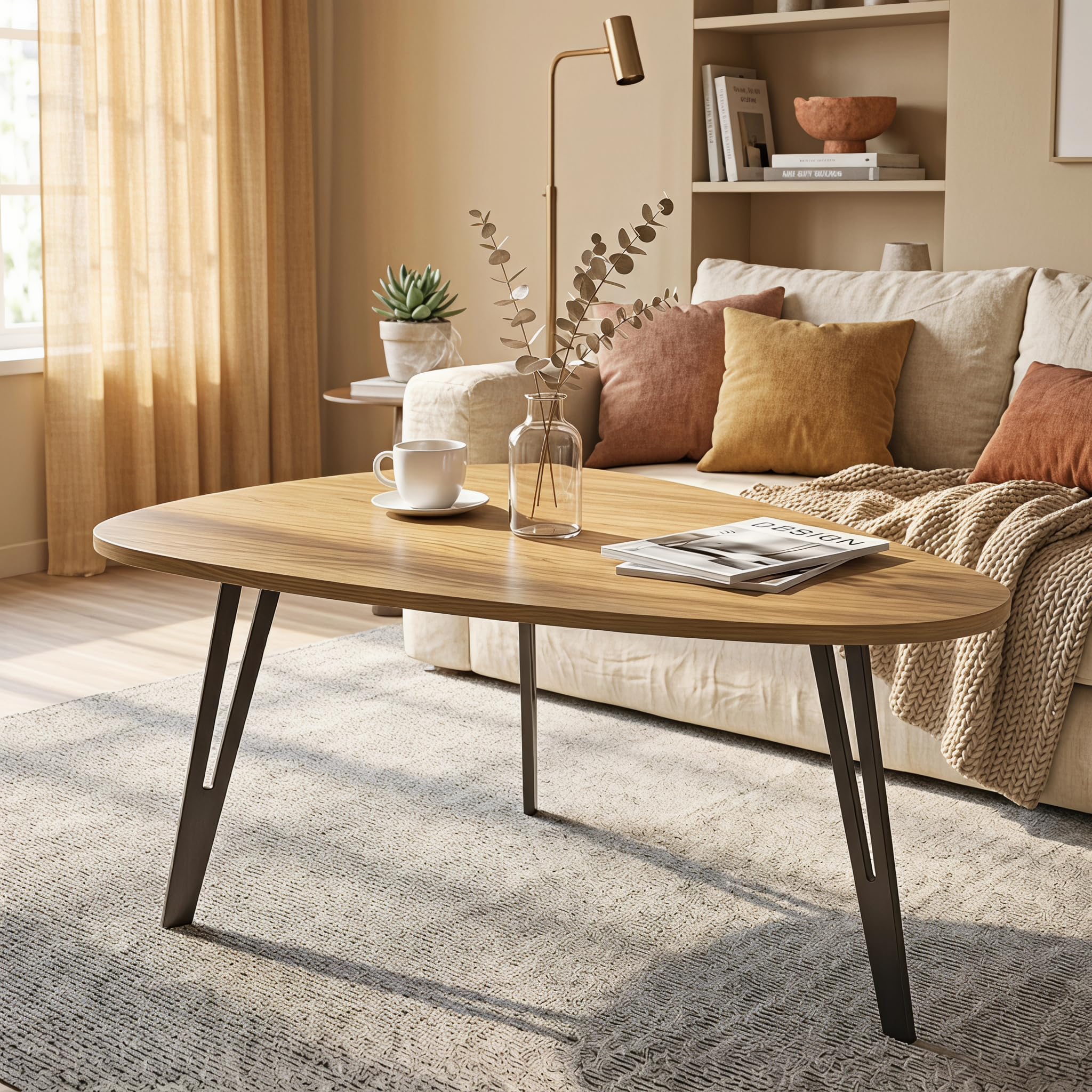 Manora Mesa de Centro Ovalada, Mesa Centro Salón con Metal Patas, Mesa Baja Salón para Salón, Dormitorio y Oficina, 85 x 52 x 43cm, Roble (Roble)