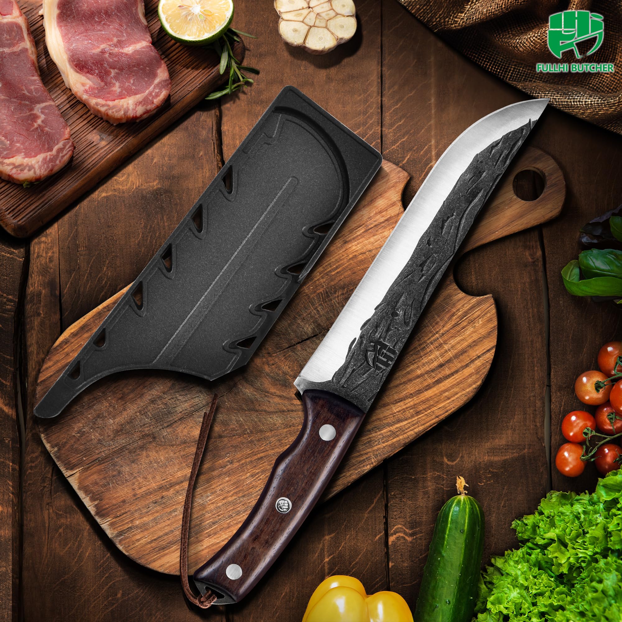 FULLHI Cuchillo deshuesador con funda,Cuchillo de cocina Full Tang,Cuchillo de acero al carbono para trinchar y deshuesar,Cuchillo de pesca para casa,Camping Barbacoa (Marrón, 17cm)