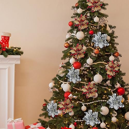 Miniatura 3 de 24 flores de Pascua de Navidad de 4.7 pulgadas con purpurina roja búfalo a cuadros de flores de nochebuena para adornos de árbol de Navidad, flores