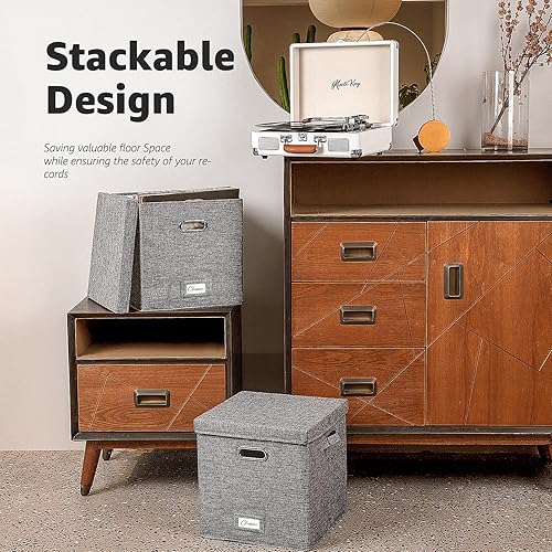 Miniatura 5 de Juego de 2 cajas de almacenamiento de discos de vinilo almacenamiento para discos de vinilo con capacidad para más de 100 LP, contenedores