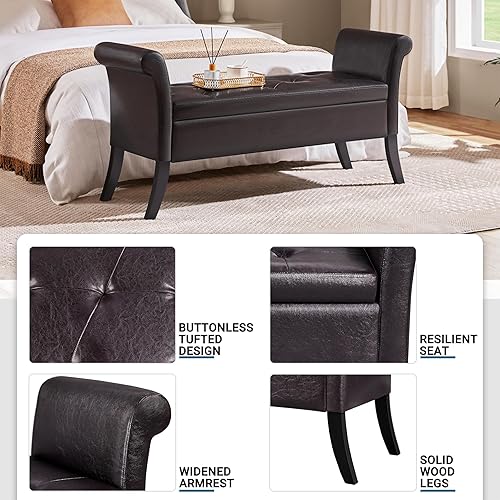 Miniatura 4 de Yaheetech Otomana con almacenamiento, banco otomano de almacenamiento de piel sintética de 52 pulgadas con bisagra de seguridad, banco tapizado con