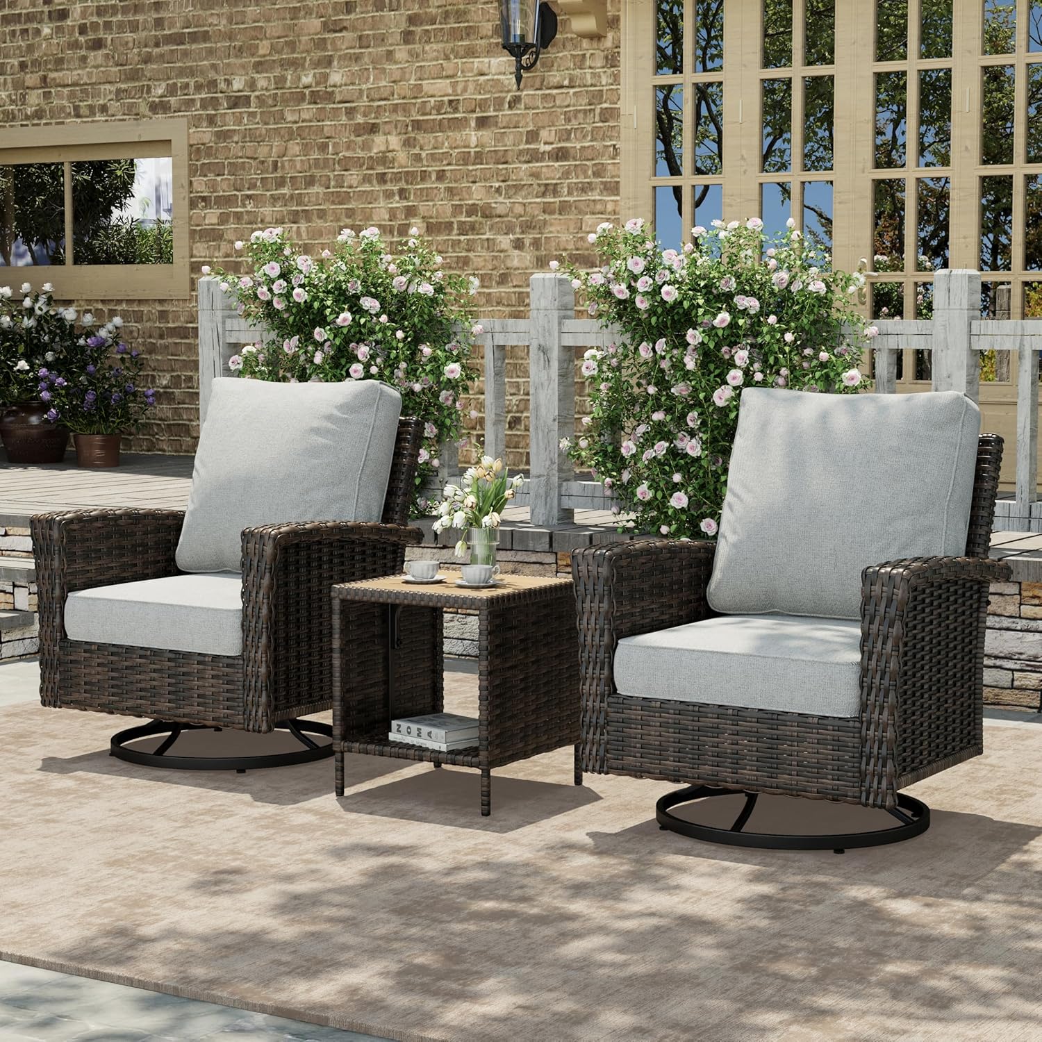 HERA’S HOUSE 3-Piece Outdoor Patio Furniture, High Back Swivel Chairs Set of 2 with Rattan Table, Brown Wicker Conversation Bistro Set with 5.5” Thick Cushion for Deck Porch Balcony Garden Lawn, Gray