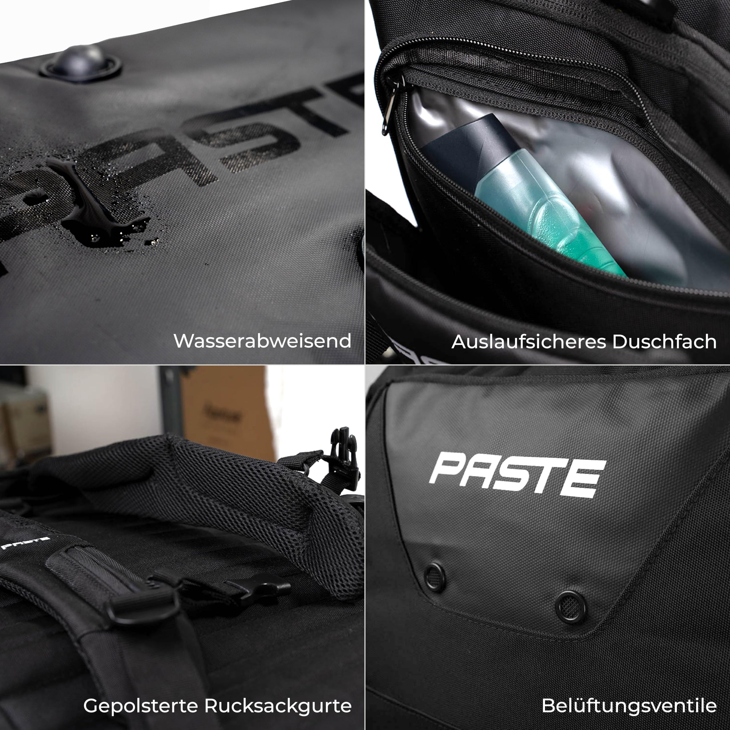 PASTE® - Personalisierte Sporttasche 68L mit Rucksackfunktion, Schuhfach & Nassfach Schwarz - Fußball-Tasche & Trainings-Tasche mit Kühlfunktion Damen & Herren groß - Gym Bag für Sport & Fitness
