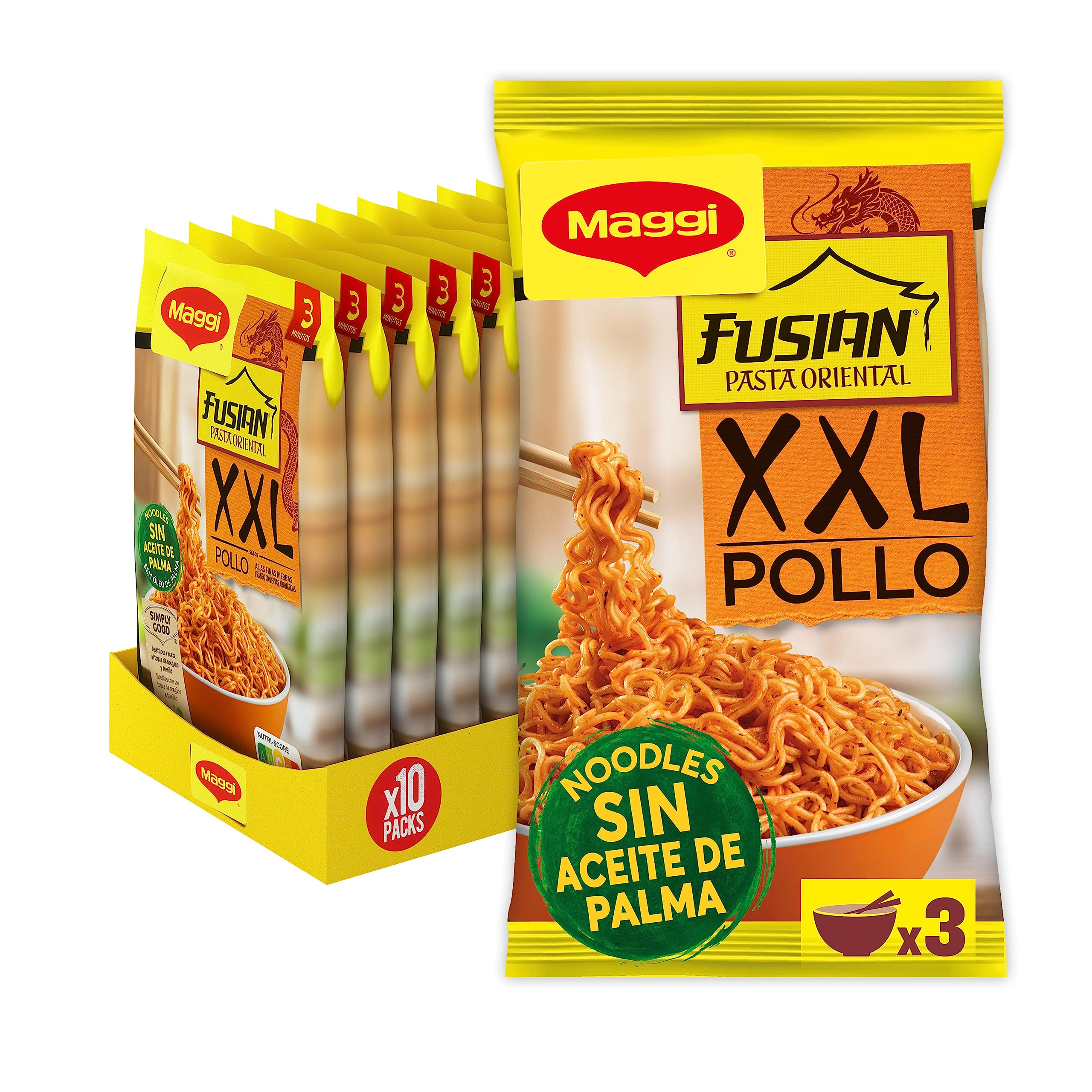 MAGGI Pasta Oriental XXL Pollo - Noodles de trigo Sin Aceite de Palma - Pack de 10 x 185g | Listos en 3 minutos