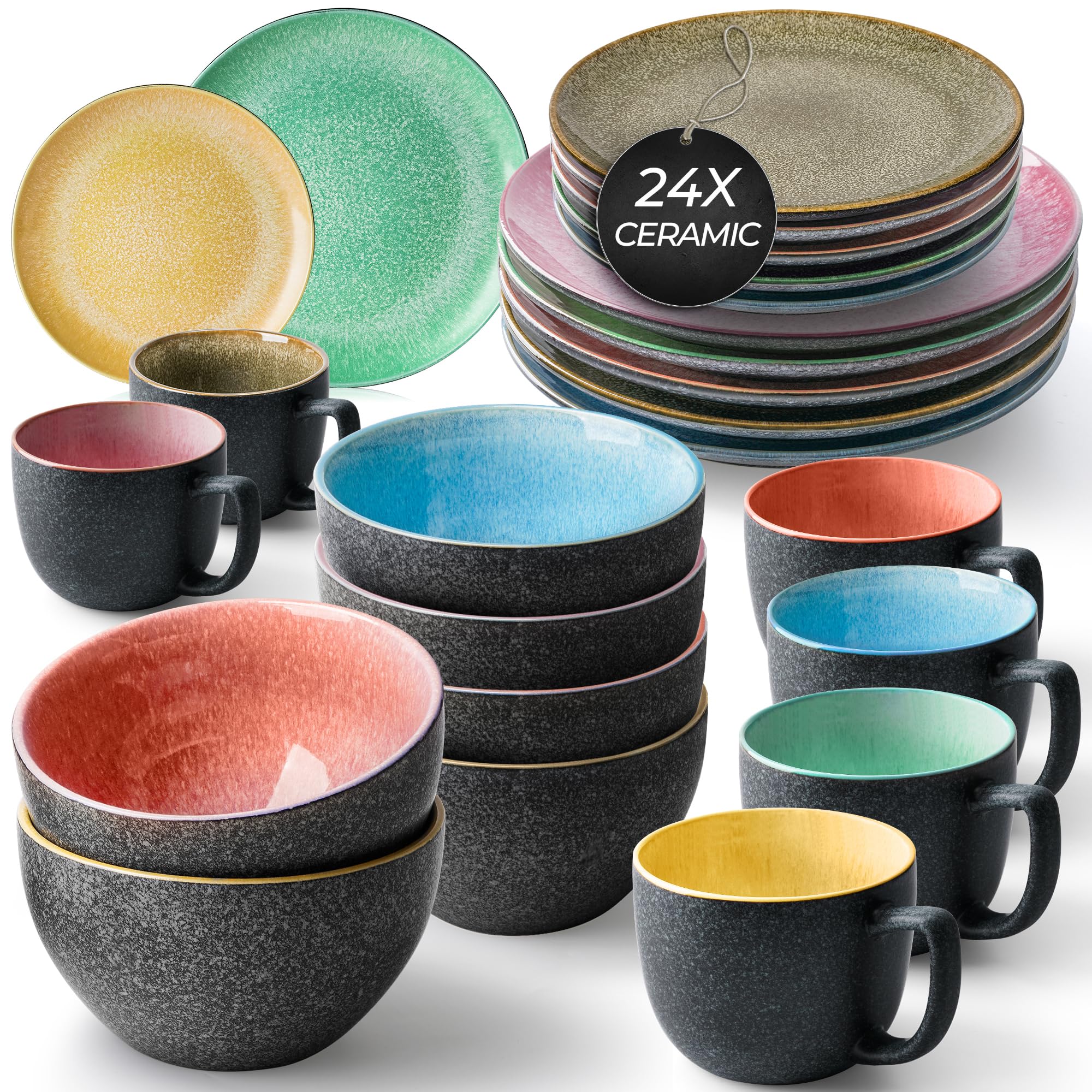 Amazon.com | MIAMIO  Dinnerware Set 24-Piece Service for 6, Stoneware  Dinner and Side Plates, Mugs and Cereal/Pasta Bowls - Dishwasher &  Microwave Oven Safe Dish Sets  Las Palmitas Collection: Dinnerware Sets