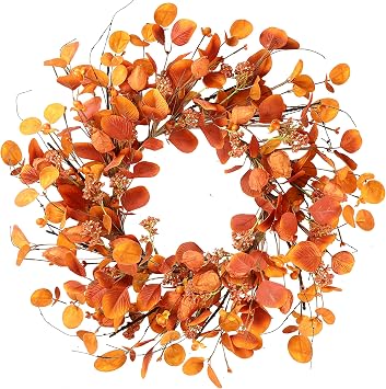 Sggvecsy Fall Wreath 20 Autumn Harvest Wreath with Eucalyptus Berries, Silk Orange Leaves, Cape Gooseberries for Outside, Indoor, Home Wall, Festival, Thanksgiving, Farmhouse Decor