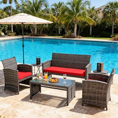 Miniatura 8 de JAMFLY Juego de muebles de patio de 4 piezas, juego de muebles para exteriores, juego de conversación de mimbre con cojines y mesa de vidrio