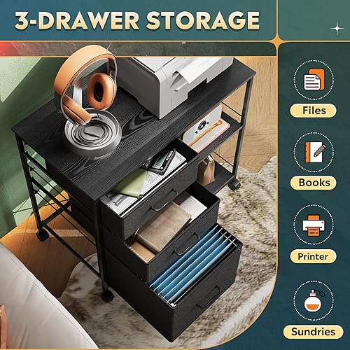 Miniatura 16 de DEVAISE Archivador móvil de 3 cajones, soporte de impresora rodante con estante de almacenamiento abierto, archivador lateral de tela para tamaño A4