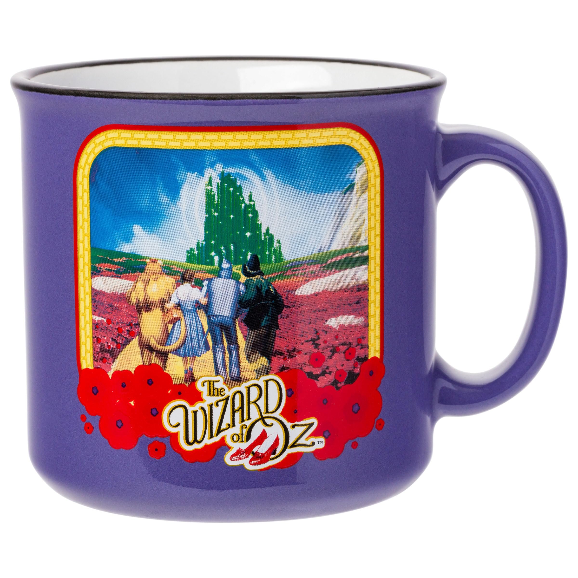 Silver Buffalo The Wizard of Oz Yellow Brick Road with Poppies Featuring Dorthy, The Cowardly Lion, Tin Man, and Scarecrow Ceramic Camper Mug, 20 Ounces