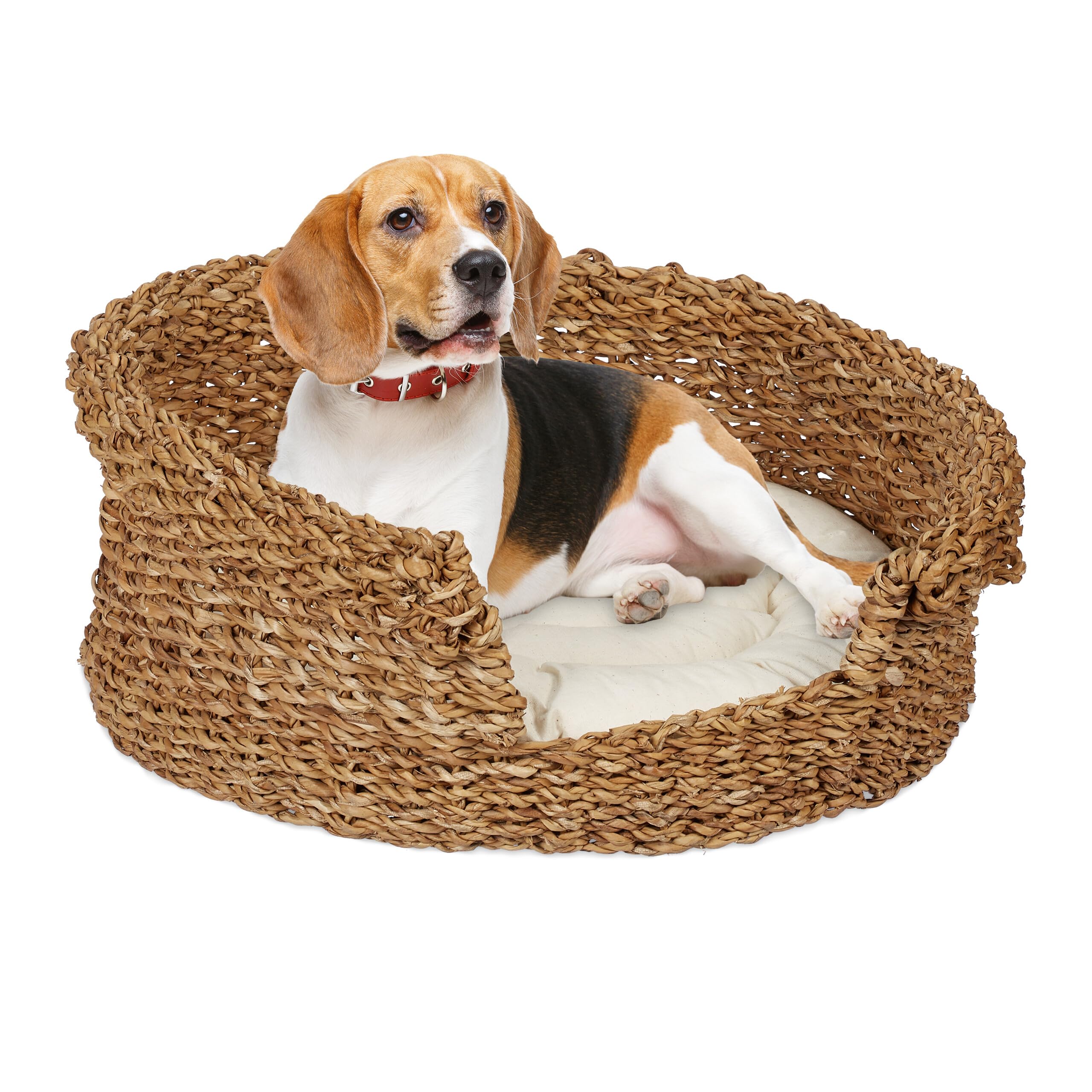Relaxdays Cama para Perros y Gatos, Camita Mascotas Redonda, 18 x 46 cm, Hierba Marina, con Cojín, Natural y Crema, Hierro