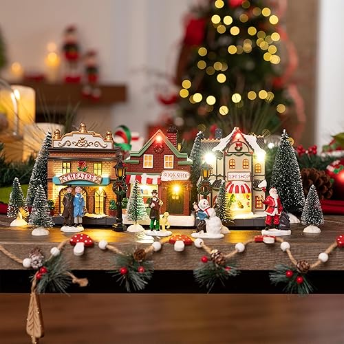 Miniatura 6 de Valery Madelyn Juego de decoración de casa de pueblo navideño preiluminado, funciona con pilas, accesorios de figura de Navidad, colección de