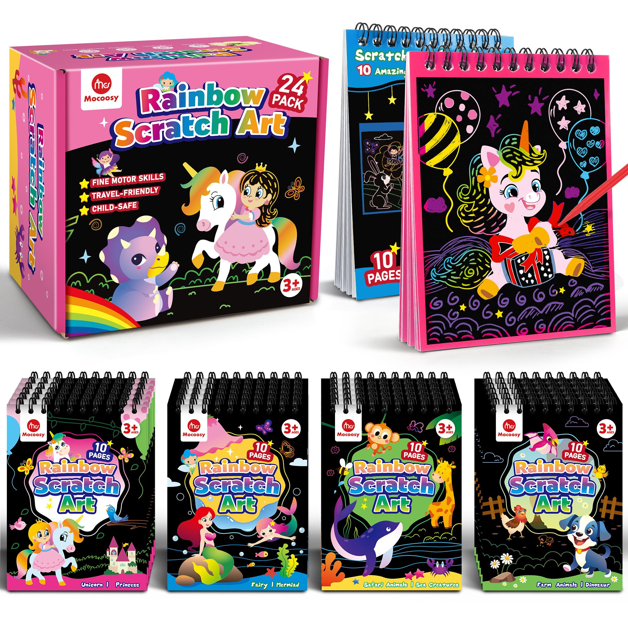 Mocoosy 24 Pack Scratch Art Party Favors for Kids 4-8, Rainbow Scratch Notebook Bulk with 10 Designs, Birthday Goodie Bag Stuffers, Classroom Prizes, Art Craft Supplies for Boys Girls Ages 3-5 8-12