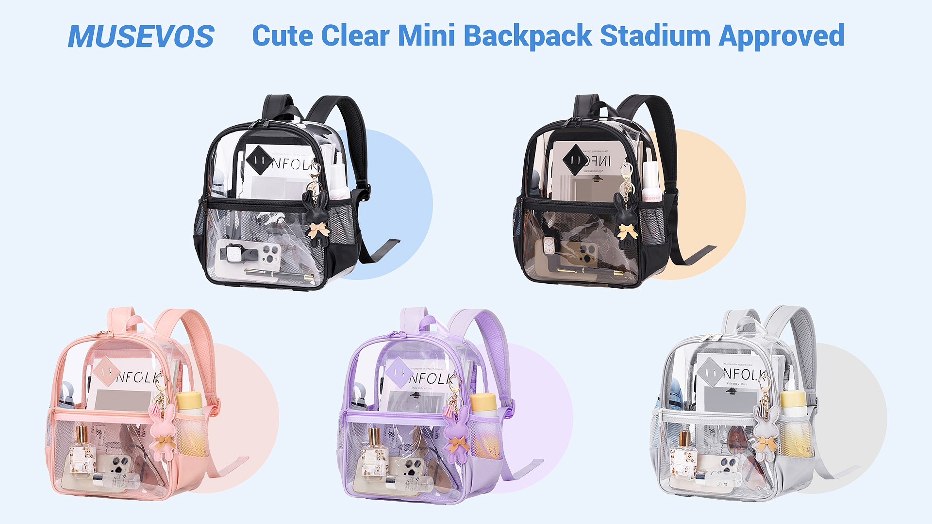 MUSEVOS Clear Backpack for Stadium Events Approved 12×6×12, Thick TPU Mini Clear Bag with Front Pocket for Concert Sport Events Work Travel, Purple : Clothing, Shoes & Jewelry
