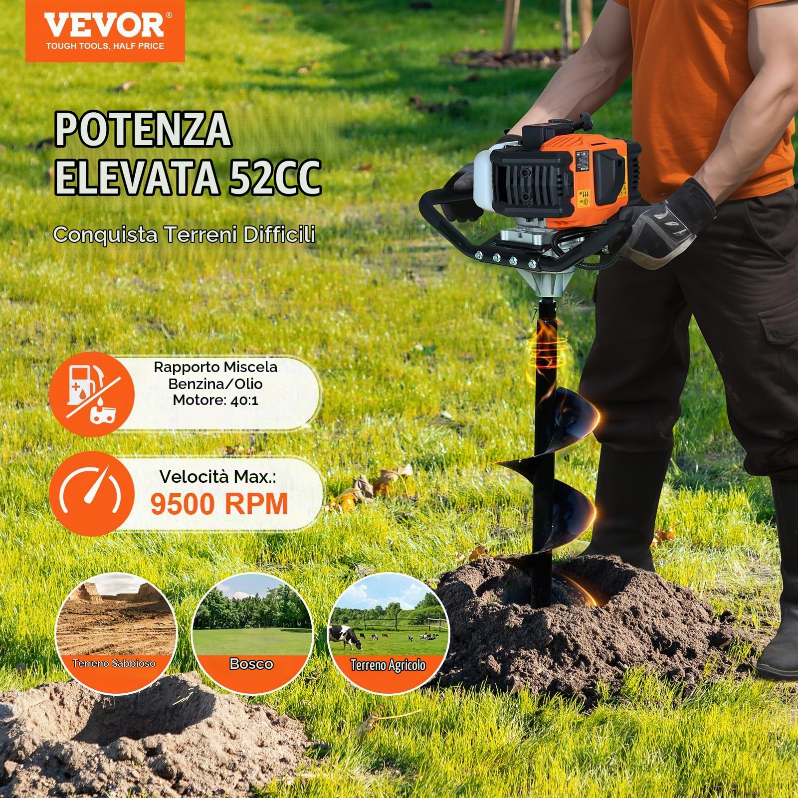 VEVOR Trivella per Pali a Gas 52 CC 1450 W Trivella per Terra, Trivella a Gas con Punte 200 mm 1 Asta di Prolunga, Trivella per Pali di Recinzione per Piante da Giardino, Piantagione, Arancione e Nero