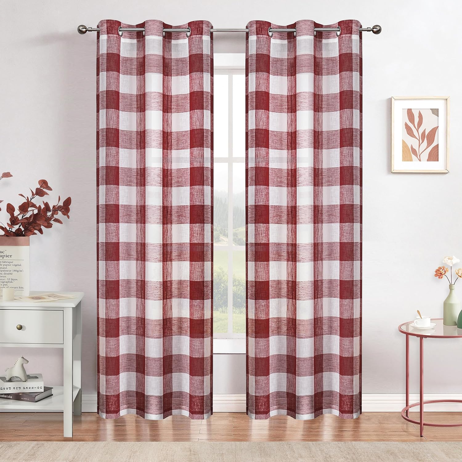 Gingham Plaid Buffalo Checkered Sheer Geometric Window Curtain Panels, Farmshouse Rustic Grommet Top Treatment, for Bedroom & Living Room (2 Panels,40"x95", Red/White)