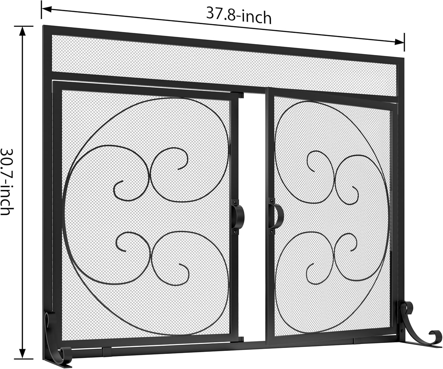 Fire Beauty Fireplace Screen with Magnetic Doors,Handcrafted Wrought Iron Classical Scroll Durable Metal Mesh, Decorative Free Standing Fireplace Spark Guard- Black