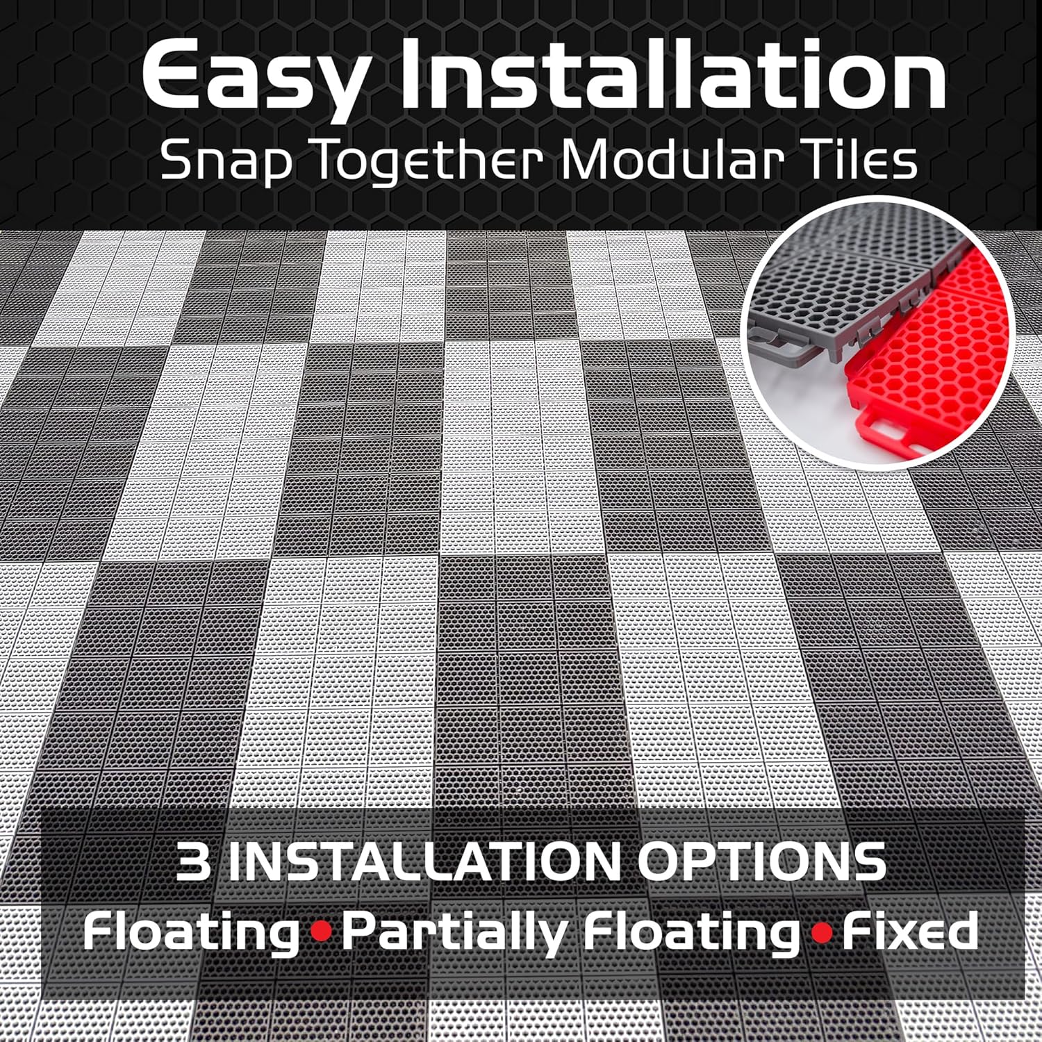 Image illustrating the easy snap-together modular tile installation and showing three installation options: Floating, Partially Floating, and Fixed.