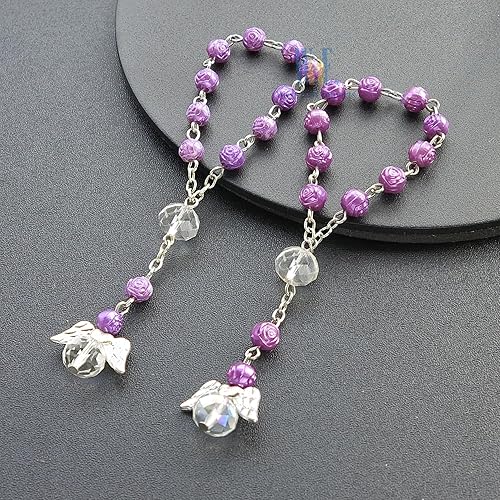 Miniatura 7 de LUMSON24 piezas de mini rosarios de bautismo con ángel niña recuerdos de bautizo rosarios morados chapados en plata