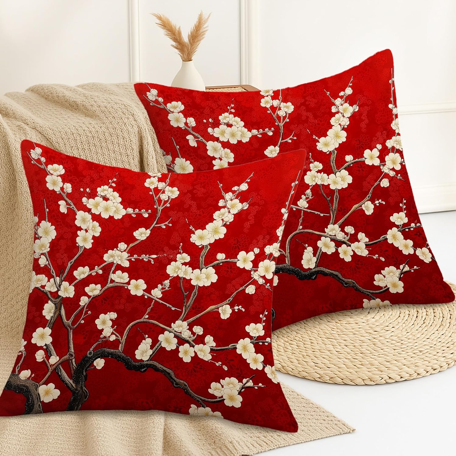 Spring Cherry Flower Pillow Covers Set of 2, Chinese Style Elegant Red Blossom Throw Pillow Cases, Printed Summer Decorative Oriental Decor Cushion Covers for Home Sofa Bed Couch 28x28 Inch