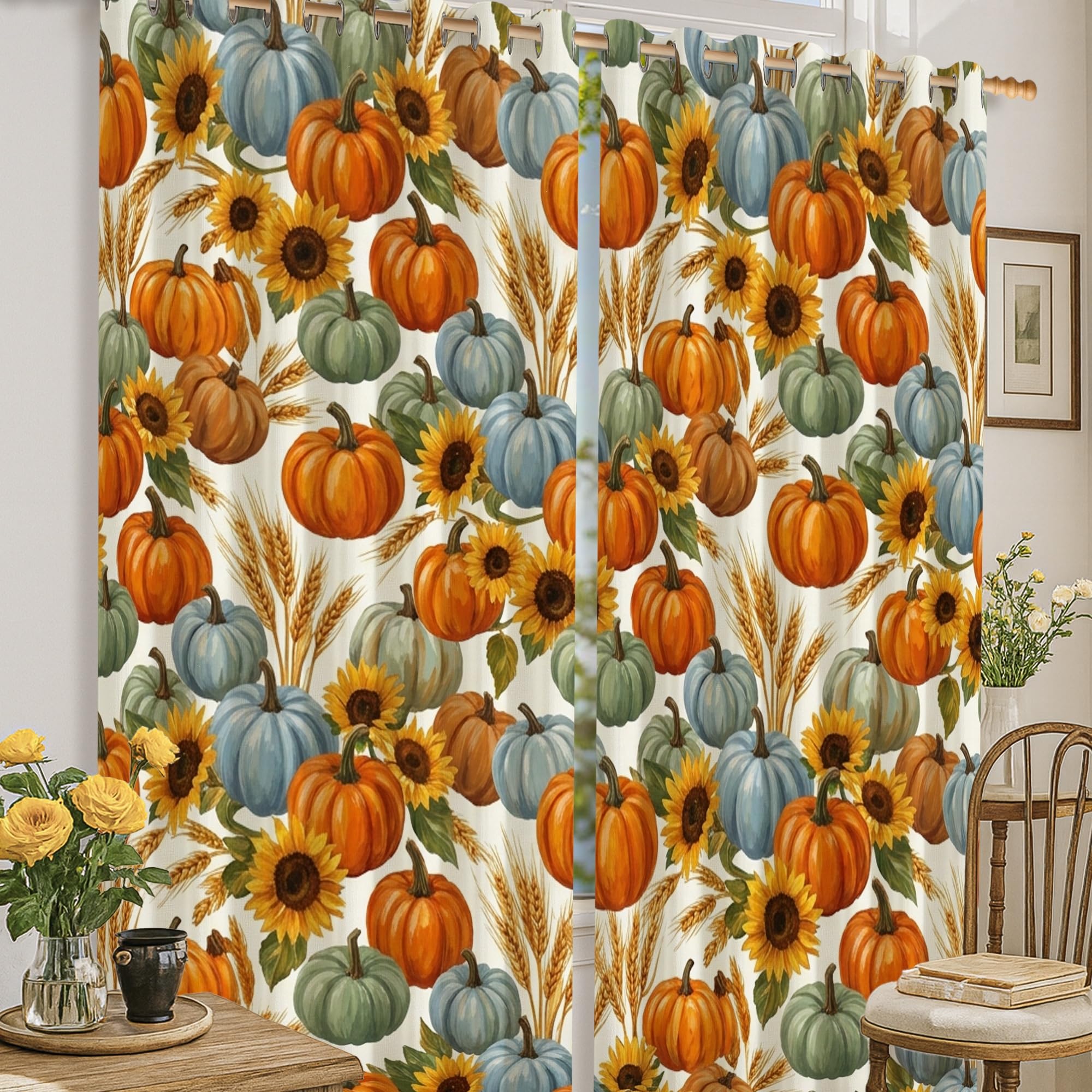 Rideaux occultants citrouilles 132x160cm orange pour salon et cuisine rustique