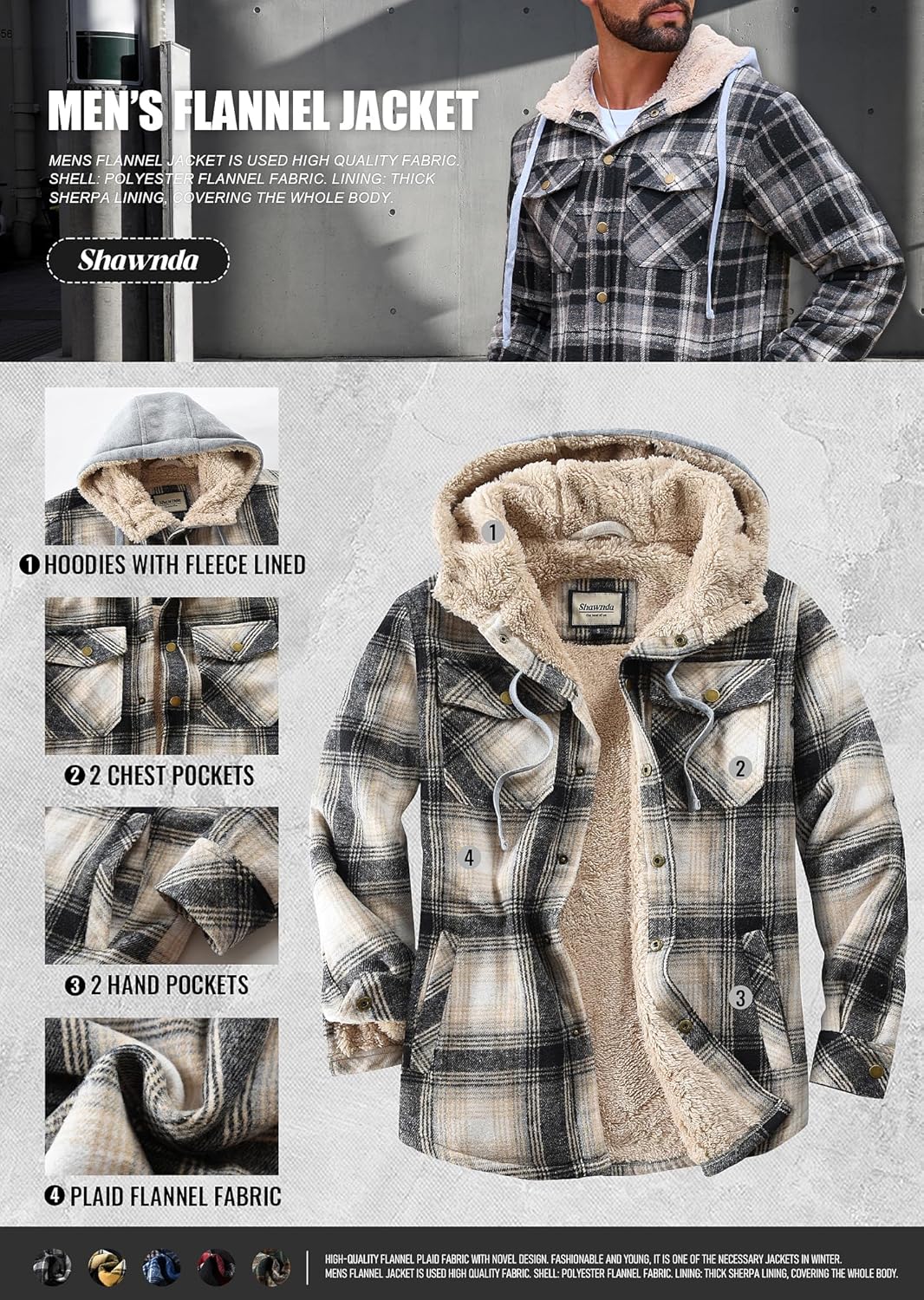 Shawnda Men's Sherpa Hooded Flannel Jacket Cotton Button Down Shirt Jacket Plaid - Image 7