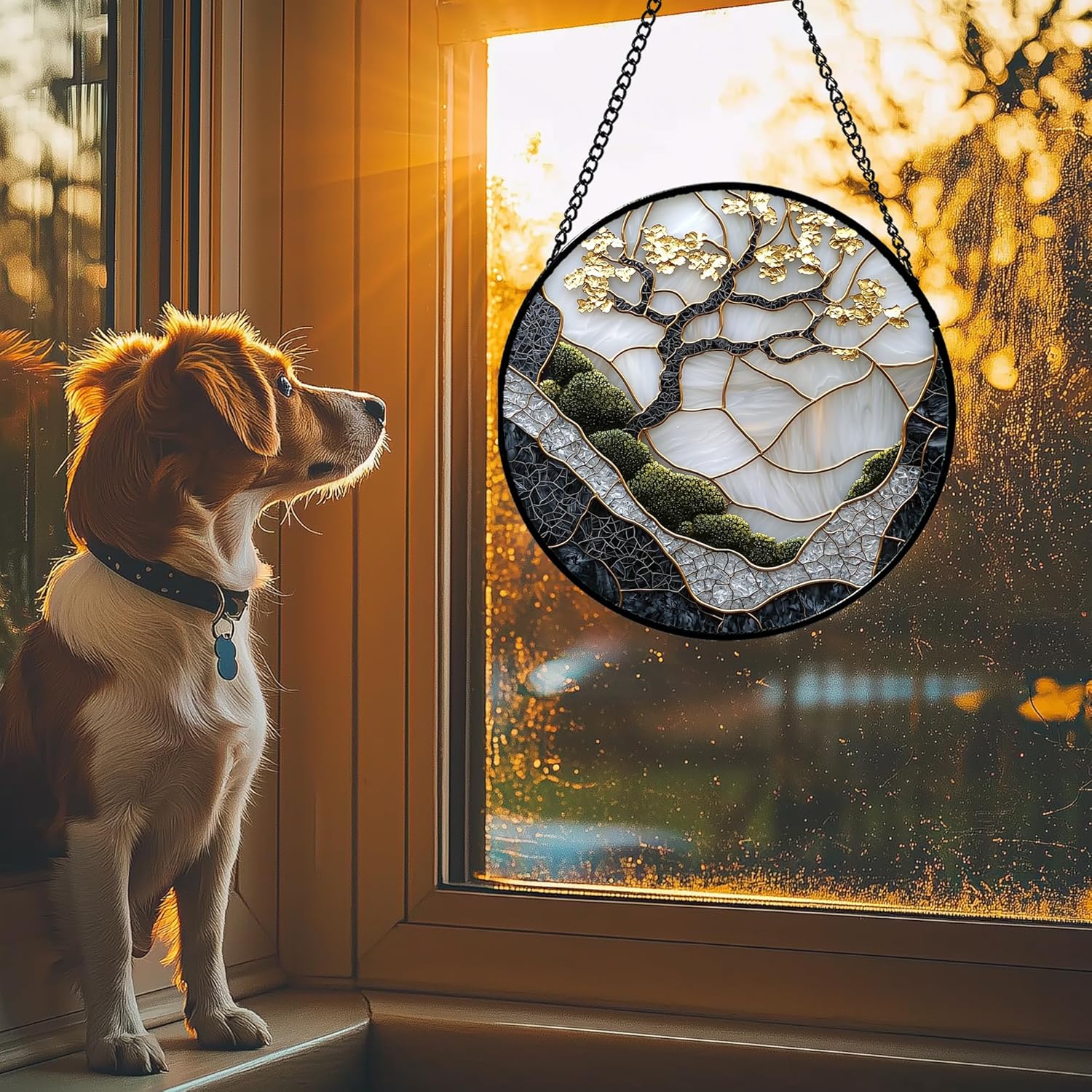 Stained Glass Window Hanging - Black Branches Golden Flower Sun Catcher for Door Home Decor Landscape Suncatcher Christmas Mother's Day Birthday Gifts for Women Men Lovers Mom Nana 11.8 in