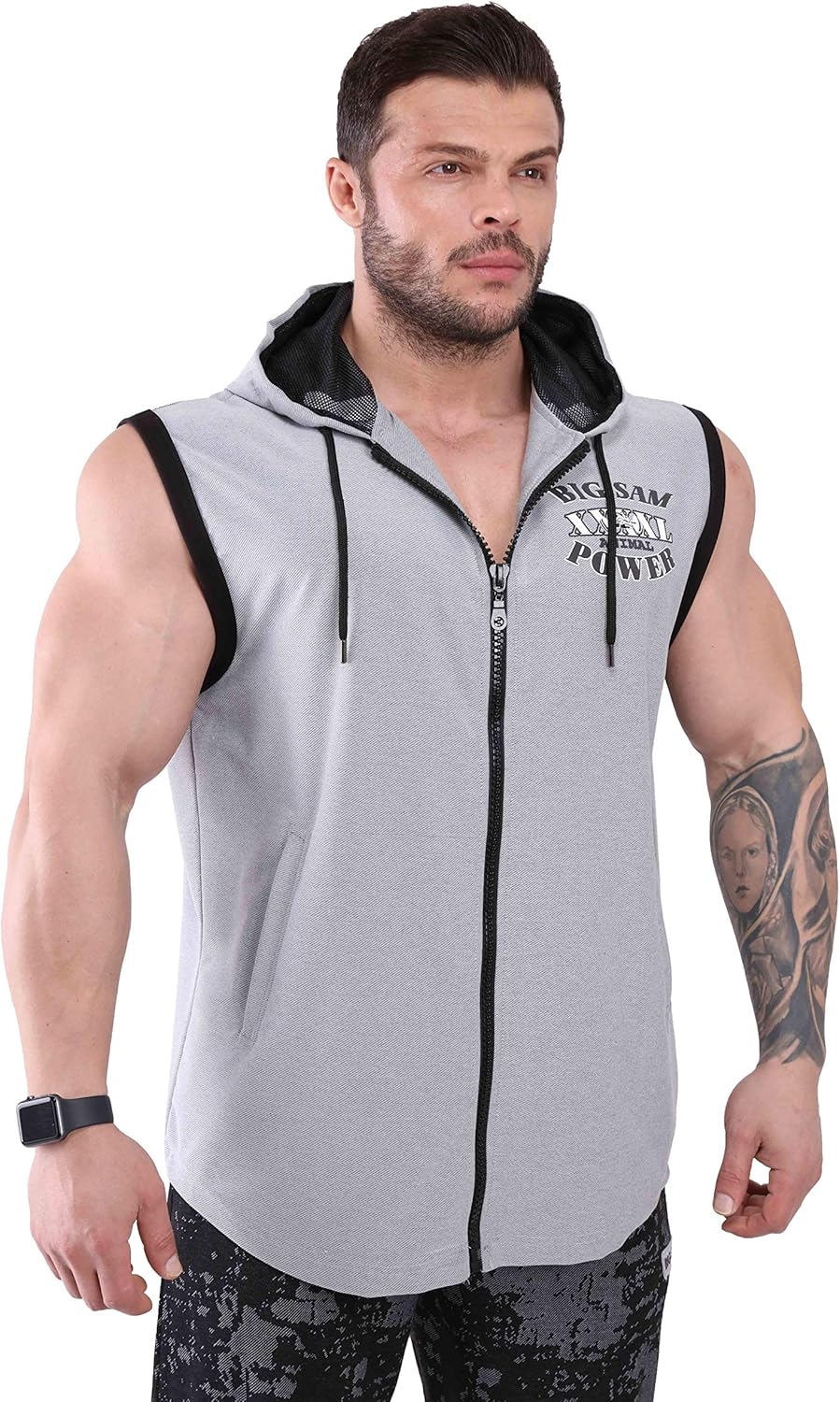 Men's Hooded Oversize Zippered Outdoor Vest, Sleeveless Workout Top T-Shirt